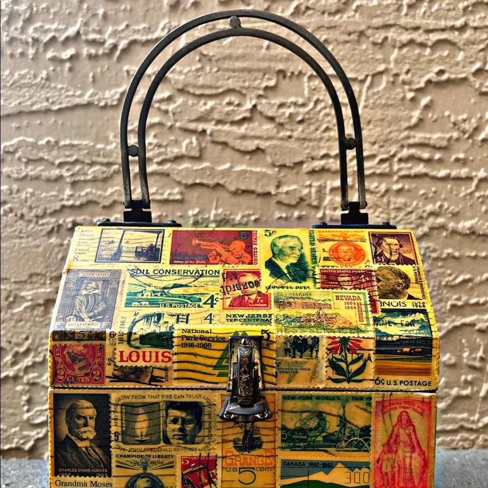 Rare* Vintage Decoupage Purse! Handmade stamp bag from 1960’s